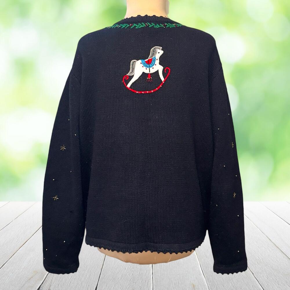 Vintage Embroidered Christmas Cardigan Sweater Rocking Horse Beaded Black Size L - Picture 3 of 10